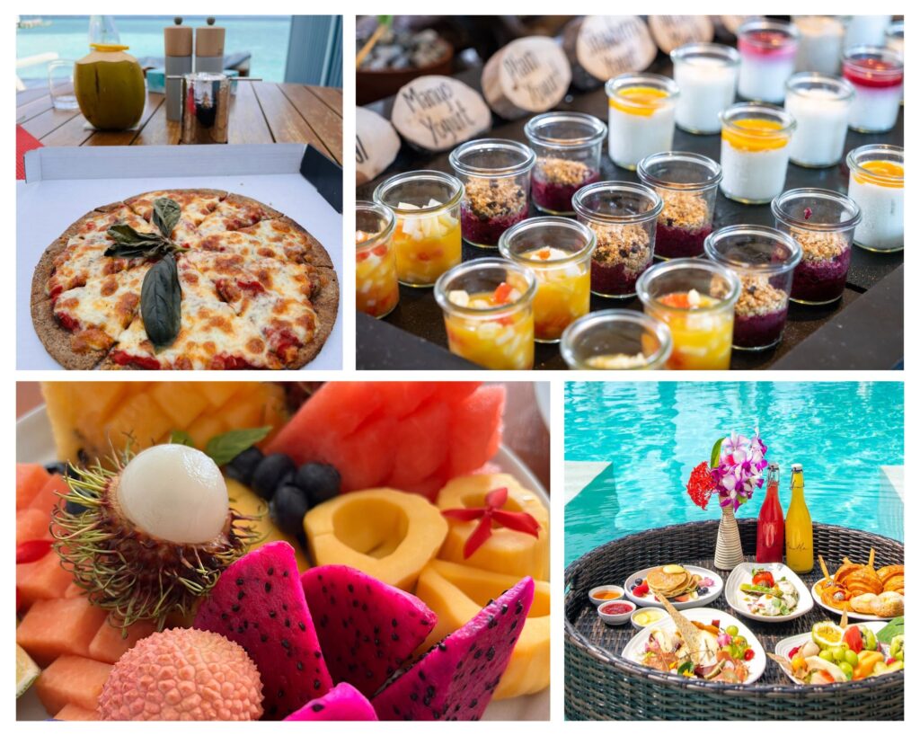Different dining selections at Amilla Maldives; Joe's pizza, fresh fruit welcome amenity, breakfast yogurt options, and floating pool breakfast. 